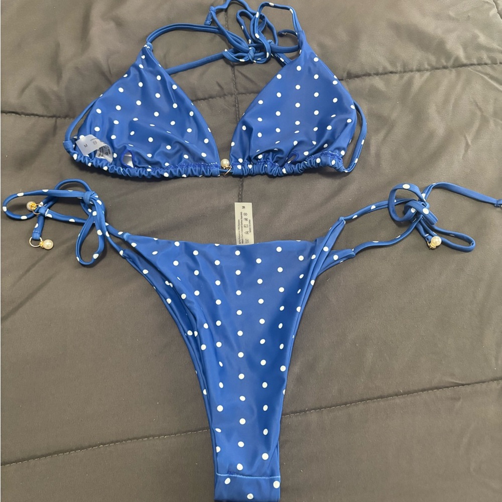 SHEIN Navy Blue Polka Dot Triangle String Bikini - Picture 4 of 6